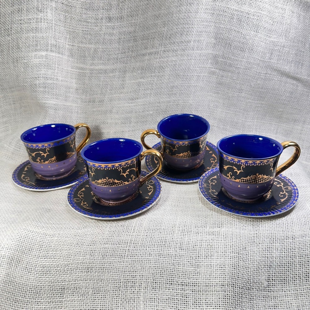 Anthropologie Honora Stoneware Espresso Cup Saucer Set 4 Purple Gold Metallic NW